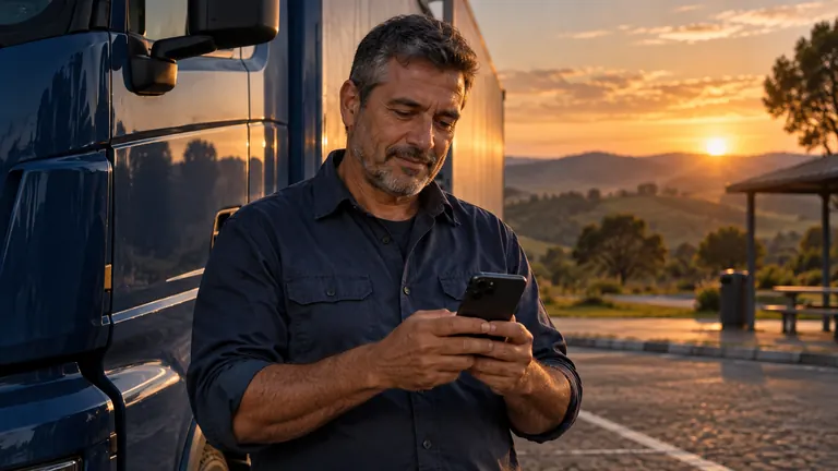 Caminhoneiro consulta o celular ao lado de seu caminhão estacionado em uma área de descanso.